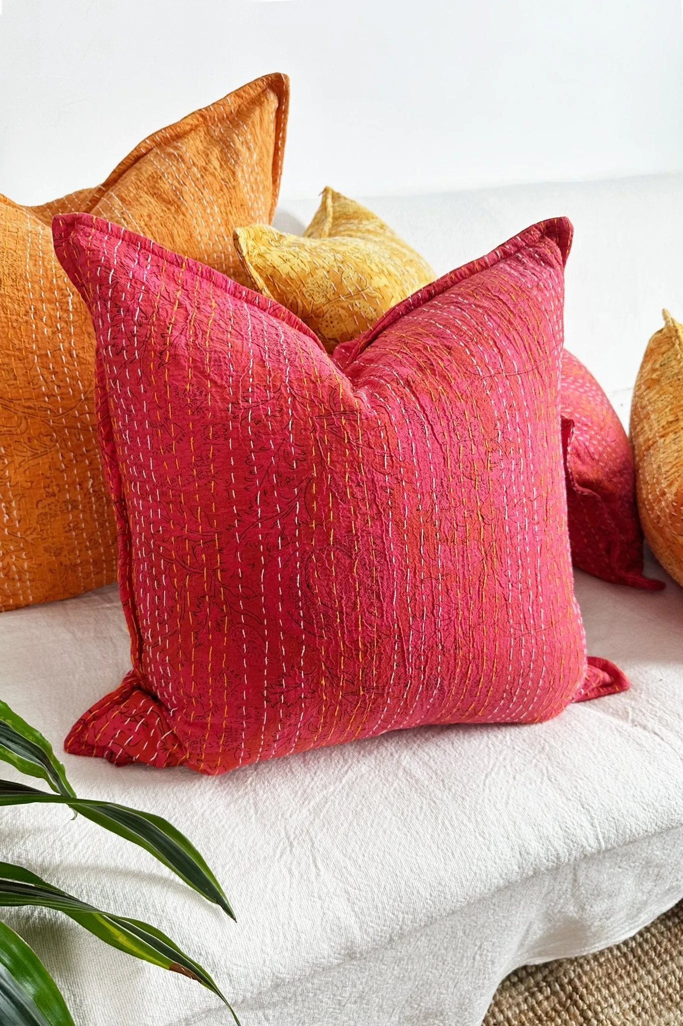 Pink Floral Block Printed Hand Stitched Square Kantha Cushion