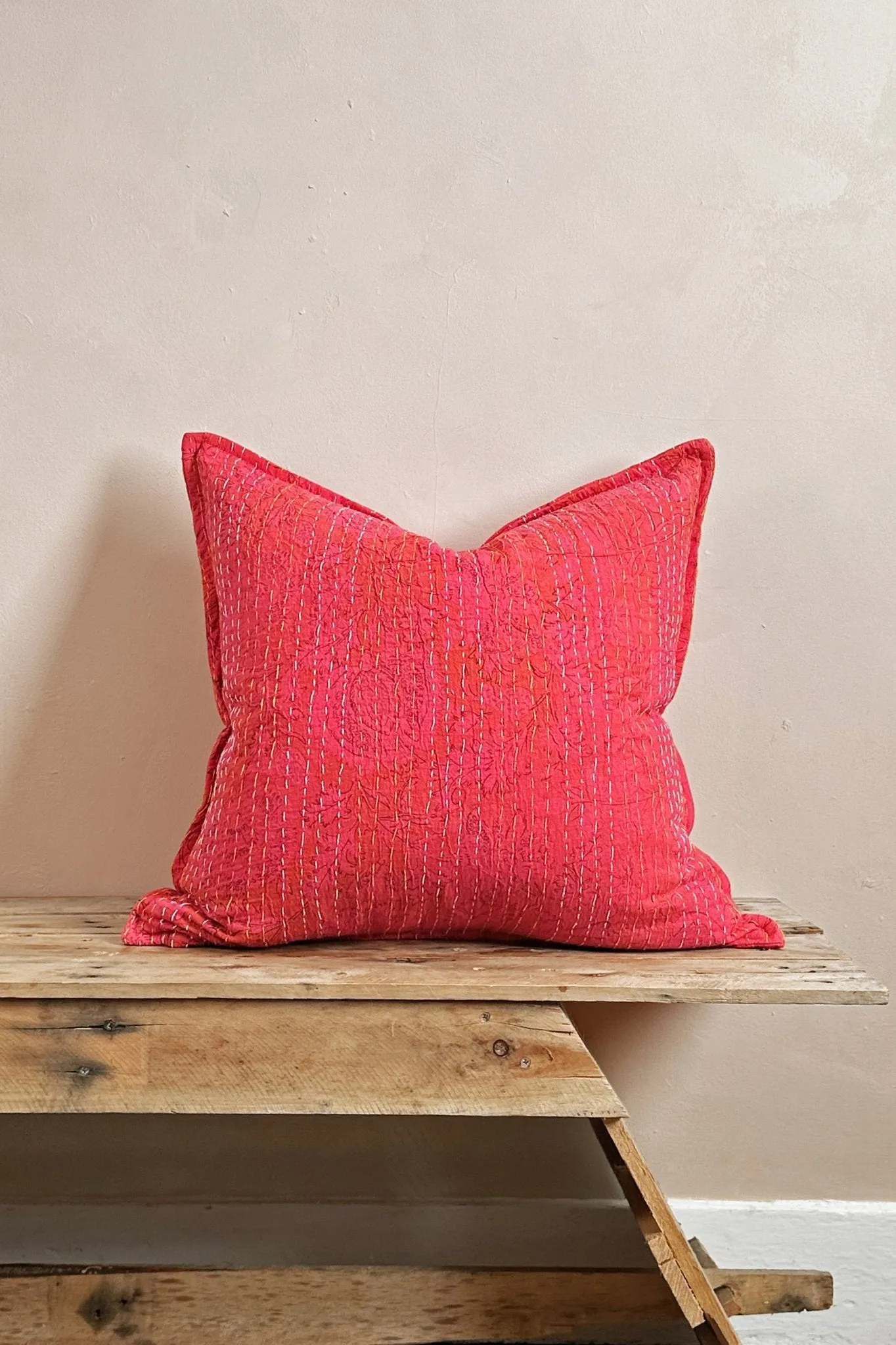 Pink Floral Block Printed Hand Stitched Square Kantha Cushion