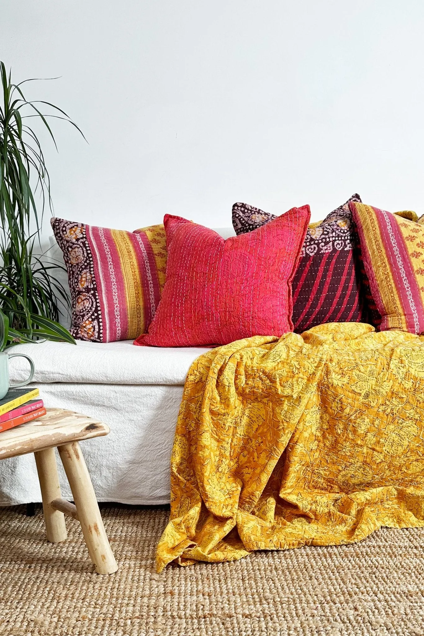 Pink Floral Block Printed Hand Stitched Square Kantha Cushion