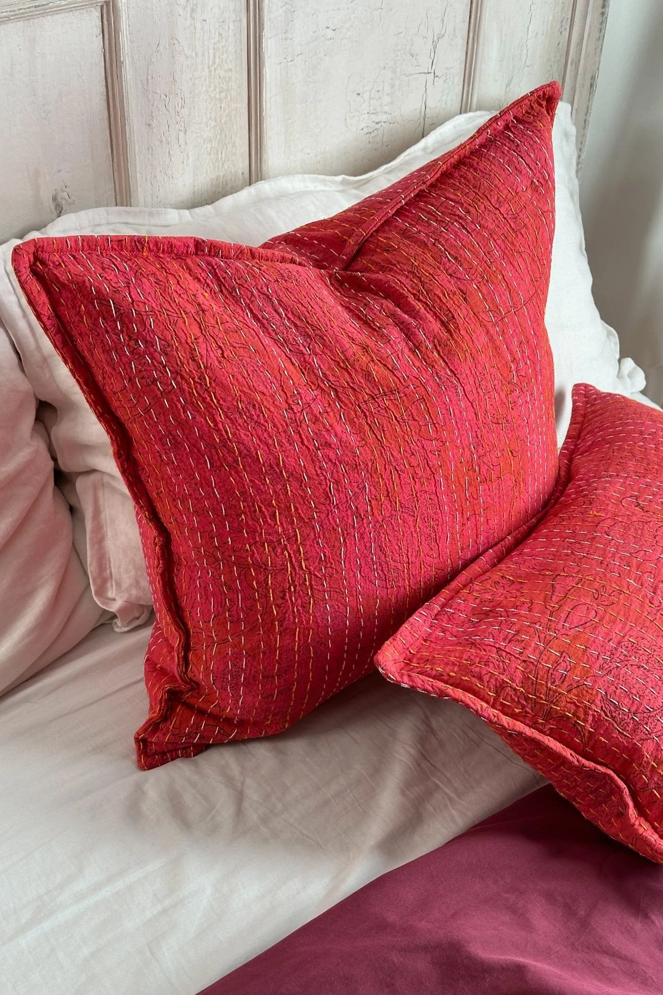 Pink Floral Block Printed Hand Stitched Square Kantha Cushion