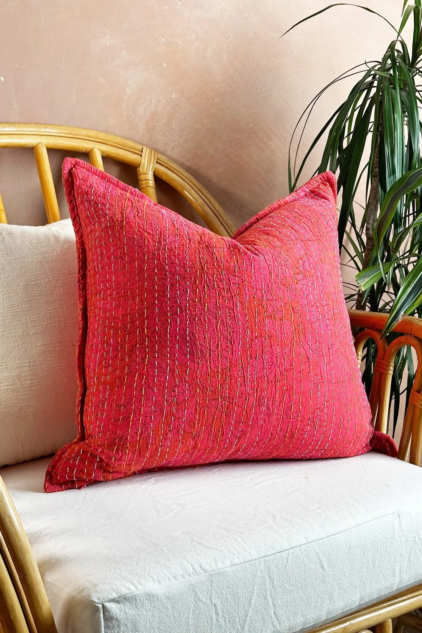 Pink Floral Block Printed Hand Stitched Square Kantha Cushion