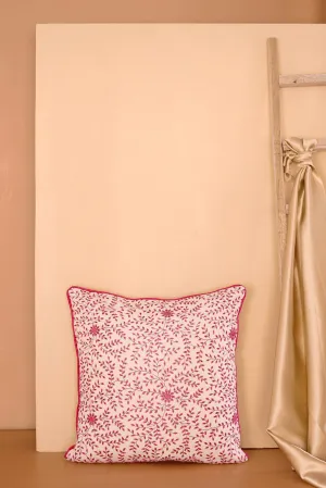 Pink Floral Embroidery on Off White cotton Cushion Cover (16*16 inches)