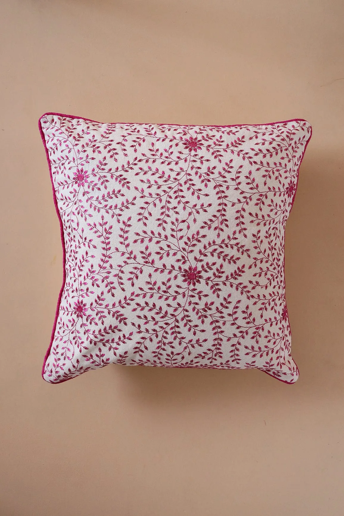 Pink Floral Embroidery on Off White cotton Cushion Cover (16*16 inches)