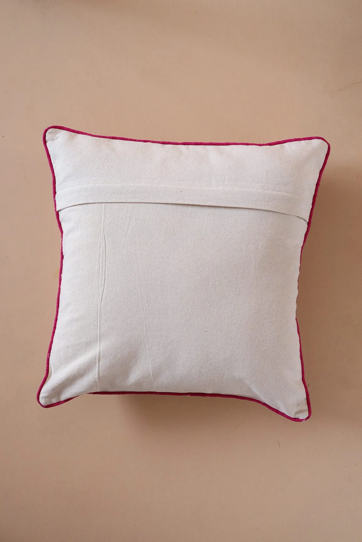 Pink Floral Embroidery on Off White cotton Cushion Cover (16*16 inches)