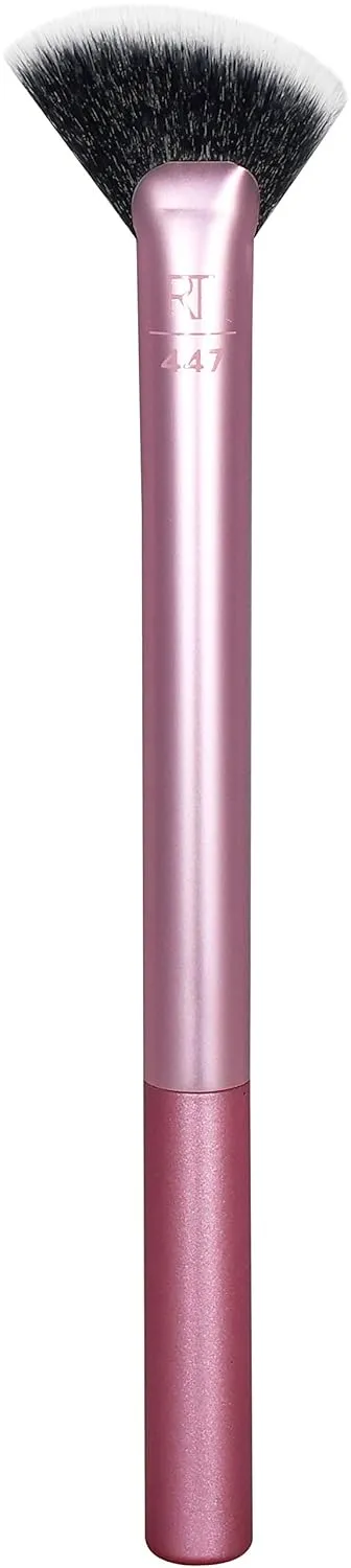 Real Techniques Sheer Radiance Fan Makeup Brush, for Highlighter   Facial Oil Absorbing Powders, Create Face Glow, Cruelty Free Bristles, Aluminum Ferrules, Pink, 1 Count