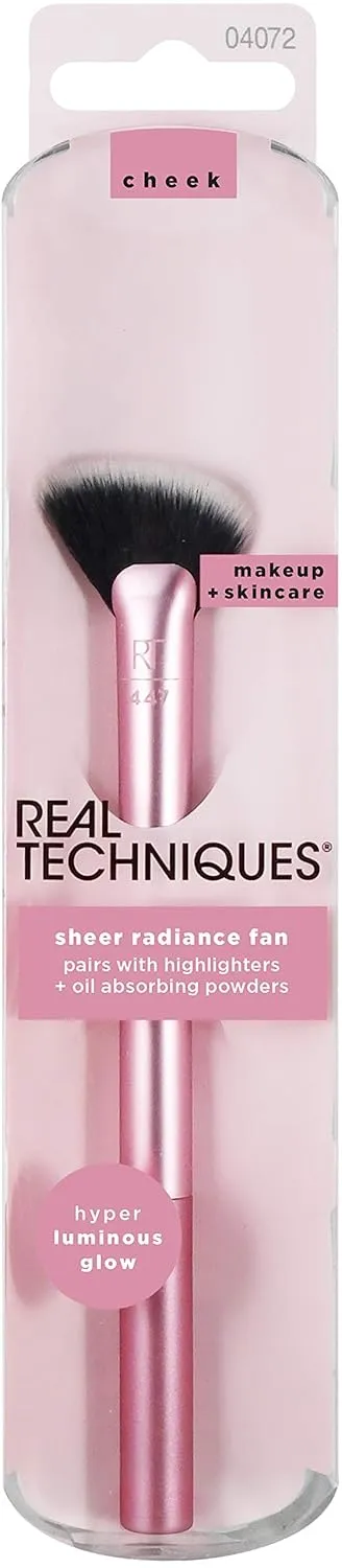 Real Techniques Sheer Radiance Fan Makeup Brush, for Highlighter   Facial Oil Absorbing Powders, Create Face Glow, Cruelty Free Bristles, Aluminum Ferrules, Pink, 1 Count
