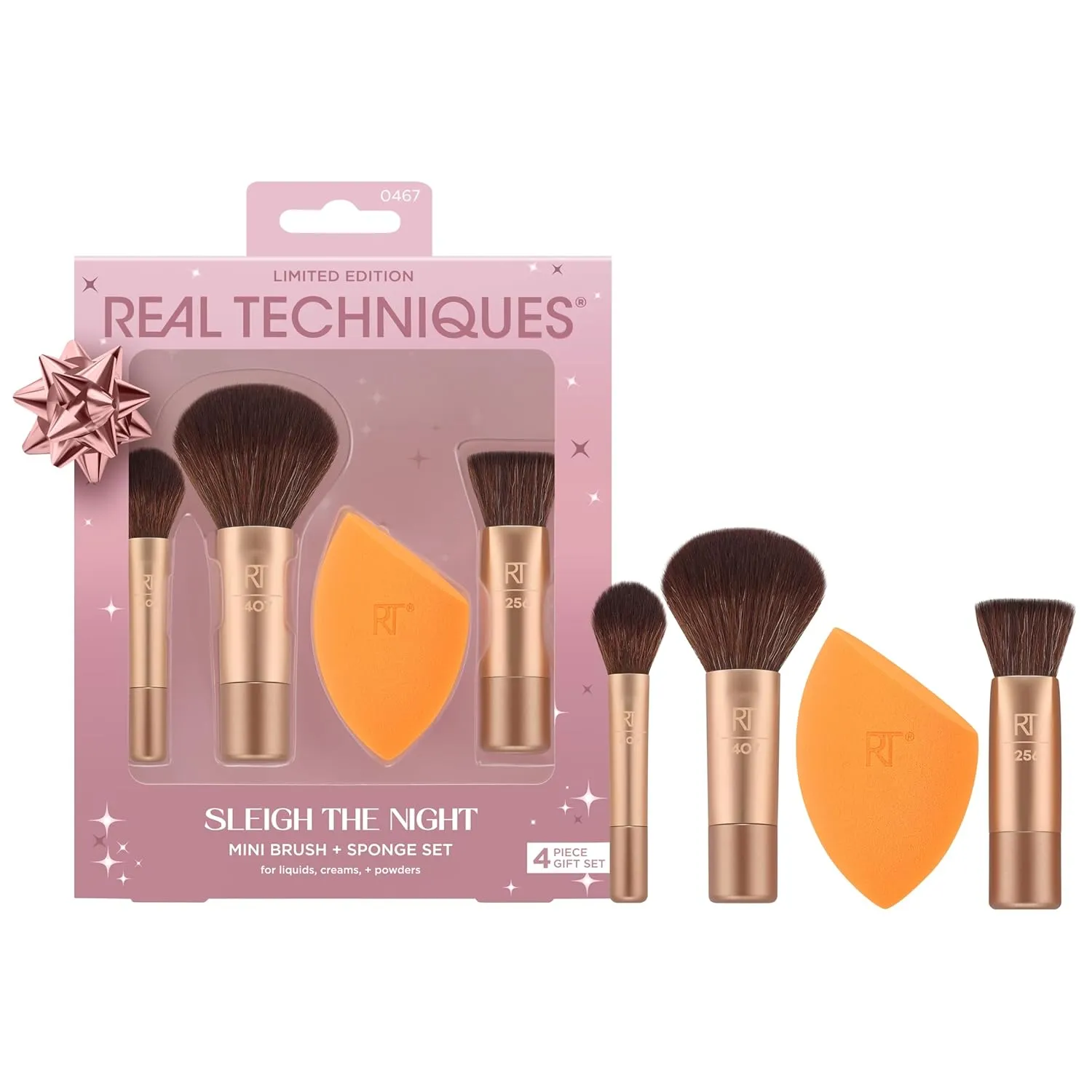 Real Techniques Sleigh The Night Mini Brush   Sponge 4 Piece Holiday Gift Set, Small Makeup Brushes For Travel, Makeup Sponge For Foundation & Concealer, Stocking Stuffer, Limited Edition, Latex-Free