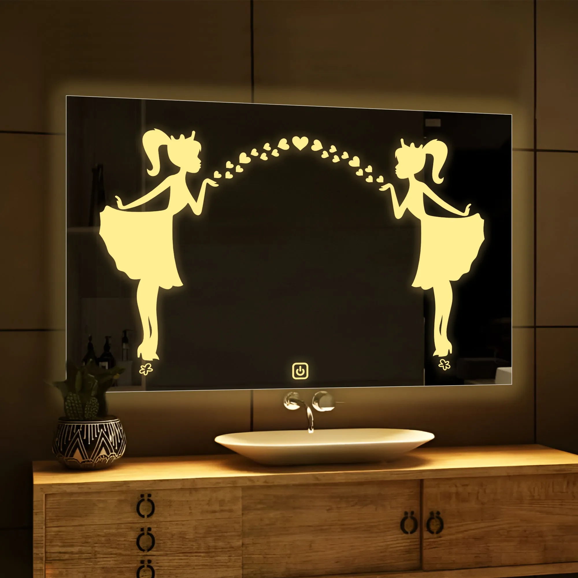 Rectangular Shaped Fairy Girl Design LED Bathroom Wall Mirror