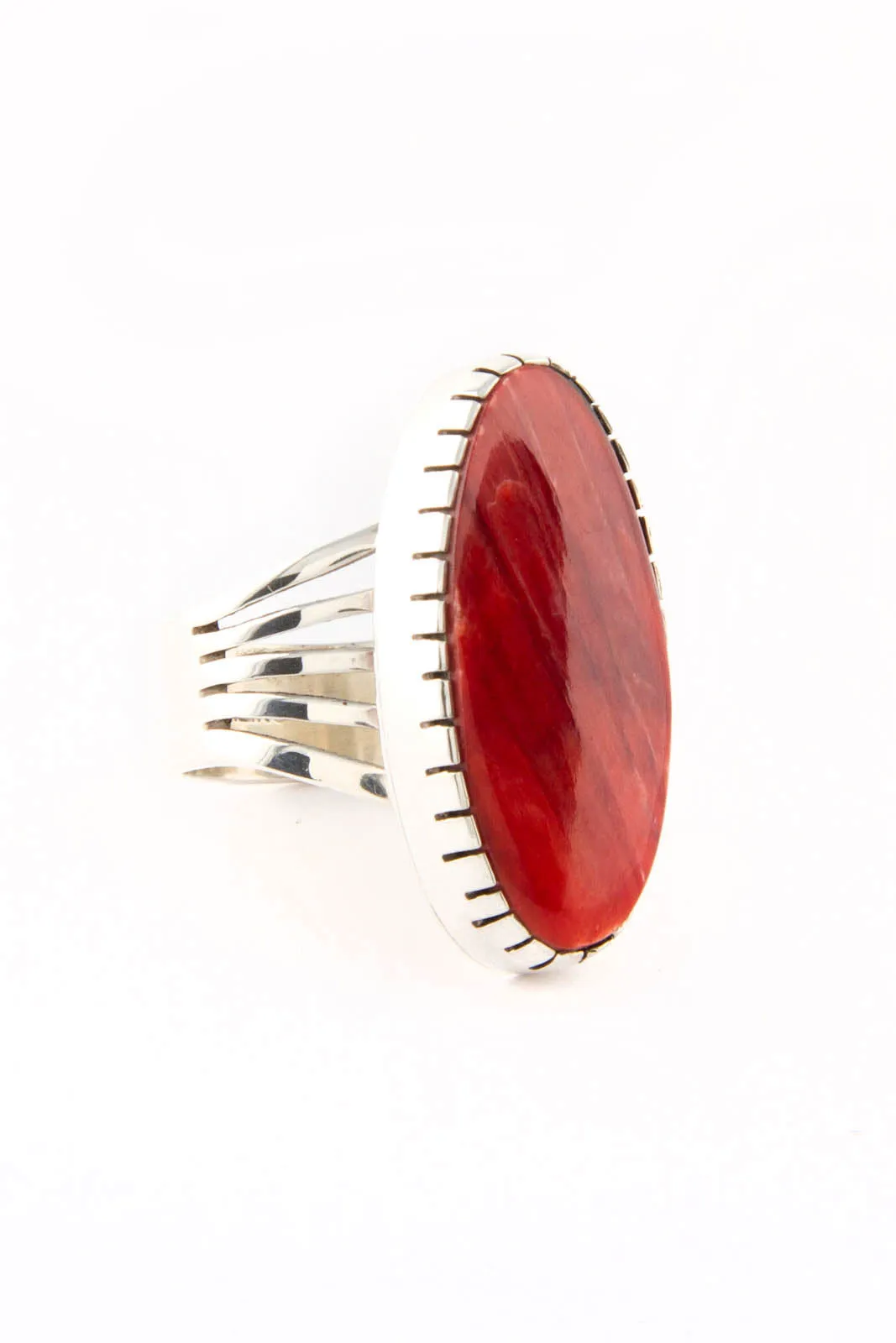 Red Spiny Shell Oval Sterling Silver Ring (Size 8 ½)