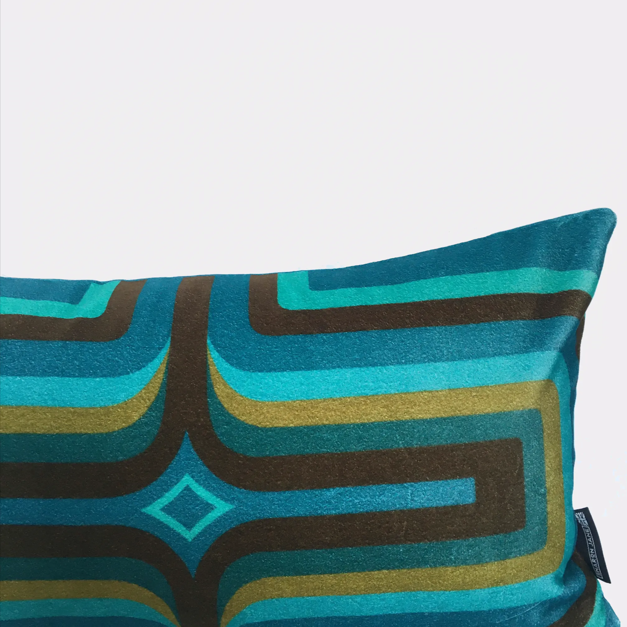 Retro Geometric Velvet Cushion - Turquoise    Olive