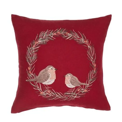 Robin Wreath Embroidered Red Cushion