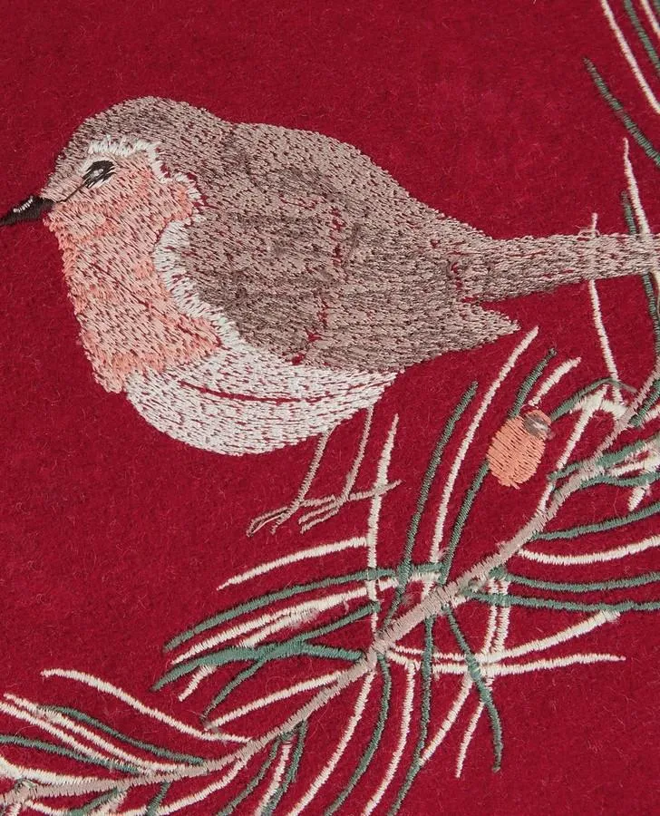 Robin Wreath Embroidered Red Cushion