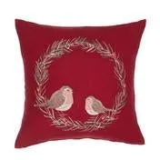 Robin Wreath Embroidered Red Cushion