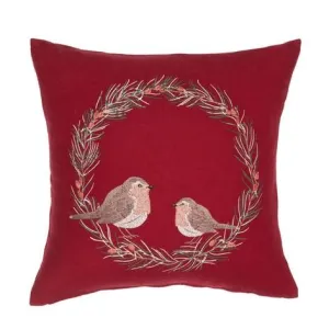 Robin Wreath Embroidered Red Cushion