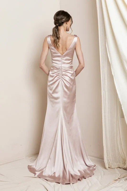 Rose Blush V Neck Satin Maxi Evening Dress