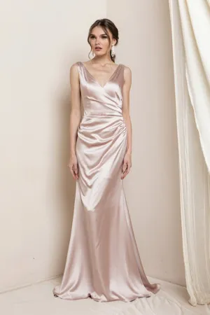 Rose Blush V Neck Satin Maxi Evening Dress