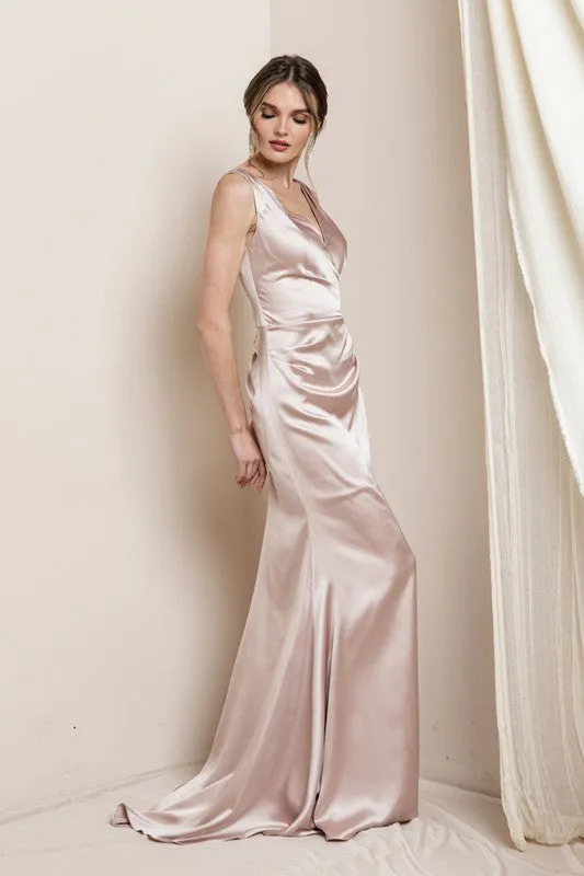Rose Blush V Neck Satin Maxi Evening Dress