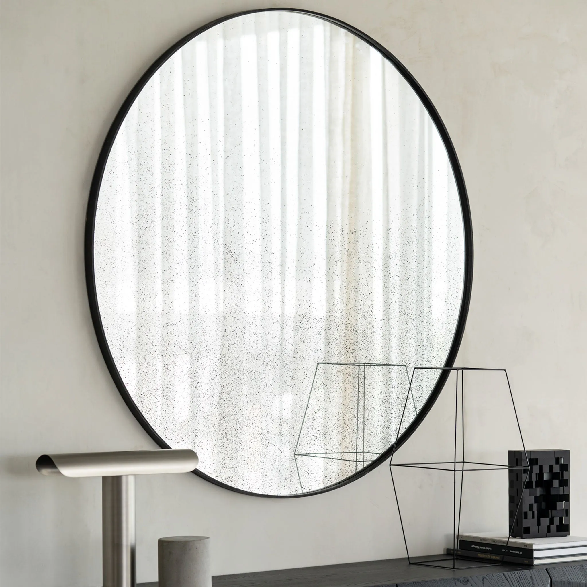 Round Medium Aged Wall Mirror with Wooden Frame (48")