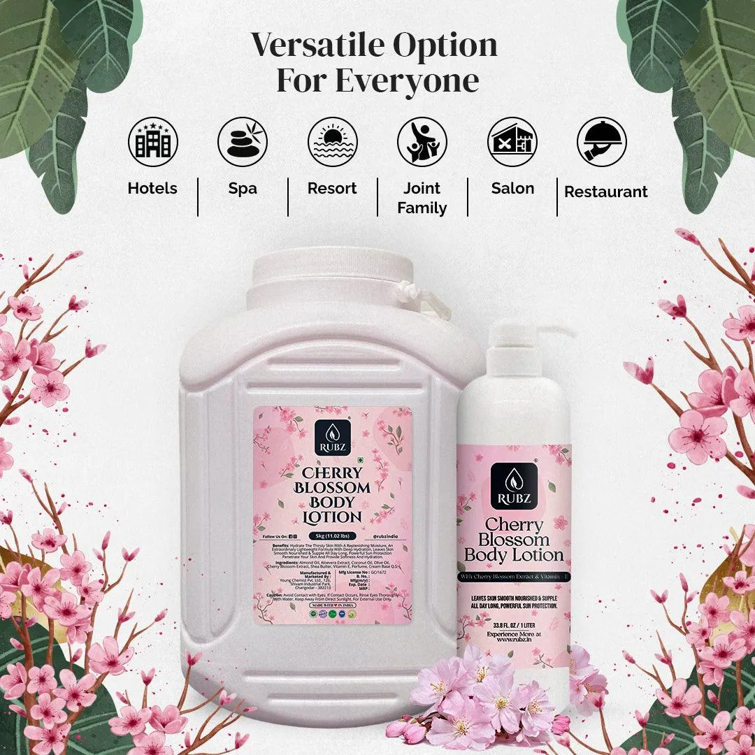 Rubz Cherry Blossom Body Milk with goodness of Japanese Cherry Blossom Extract 5 Kg | Bulk Body Lotion 5 Litre with Refillable 200g Plastic Jar | Best for Hotel, Spa, Salon