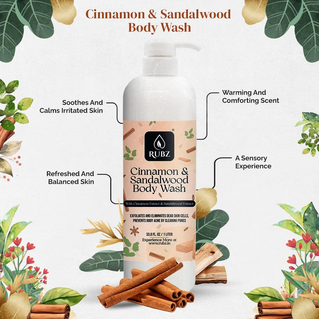 Rubz Cinnamon & Sandalwood Body wash | Enriched With Glycerin & Long Lasting Fragrance | Soap-Free Body Wash For Women And Men | Paraben Free | SLS Free | 1 Litre