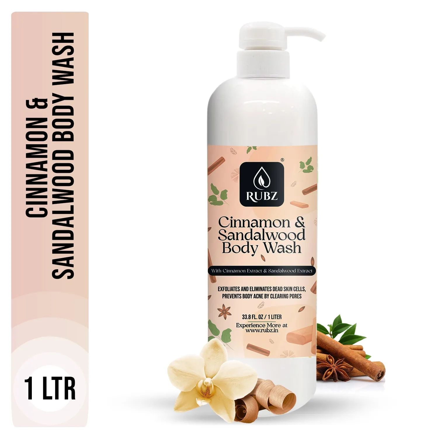 Rubz Cinnamon & Sandalwood Body wash | Enriched With Glycerin & Long Lasting Fragrance | Soap-Free Body Wash For Women And Men | Paraben Free | SLS Free | 1 Litre