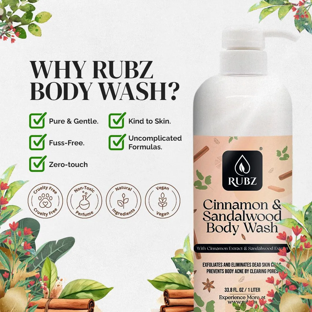Rubz Cinnamon & Sandalwood Body wash | Enriched With Glycerin & Long Lasting Fragrance | Soap-Free Body Wash For Women And Men | Paraben Free | SLS Free | 1 Litre