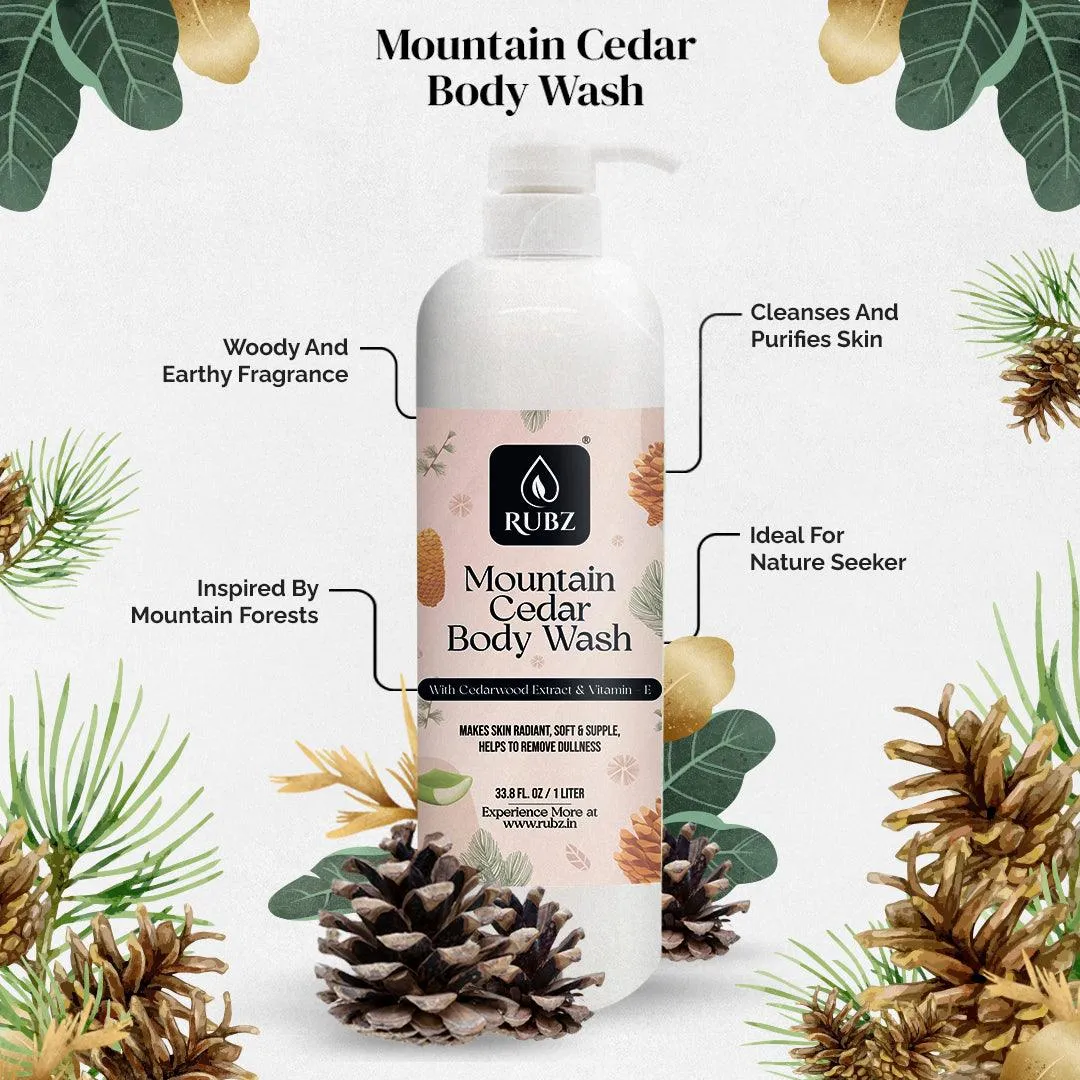 Rubz Mountain Cedar Body Wash Refill Pack 5L | Liquid Soap | Shower Gel | with Refillable 500 ml Plastic Bottle | Best for Hotel, Spa, Salon, Joint Family | SLS Free | Paraben Free