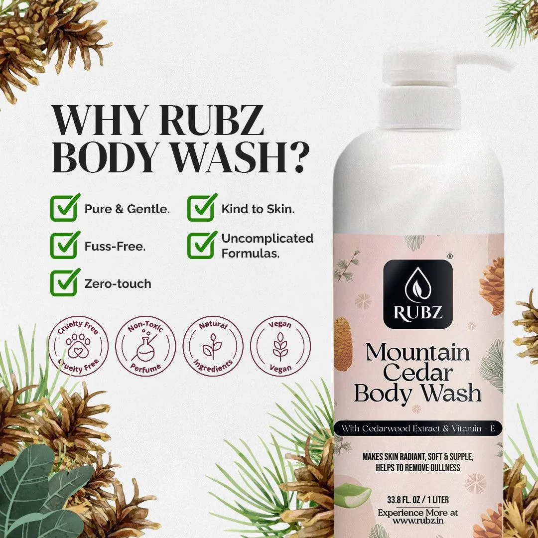 Rubz Mountain Cedar Body Wash Refill Pack 5L | Liquid Soap | Shower Gel | with Refillable 500 ml Plastic Bottle | Best for Hotel, Spa, Salon, Joint Family | SLS Free | Paraben Free