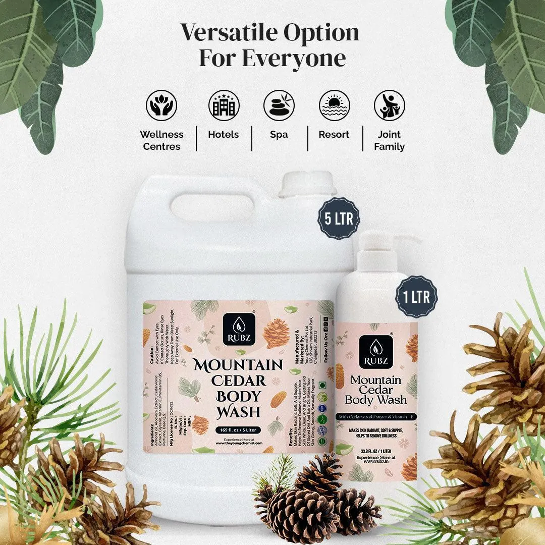 Rubz Mountain Cedar Body Wash Refill Pack 5L | Liquid Soap | Shower Gel | with Refillable 500 ml Plastic Bottle | Best for Hotel, Spa, Salon, Joint Family | SLS Free | Paraben Free