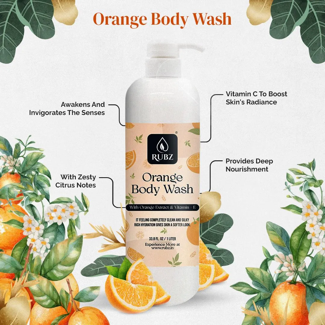 Rubz Orange Body Wash Refill Pack 5L | Liquid Soap | Shower Gel | with Refillable 500 ml Plastic Bottle | Best for Hotel, Spa, Salon, Joint Family | SLS Free | Paraben Free