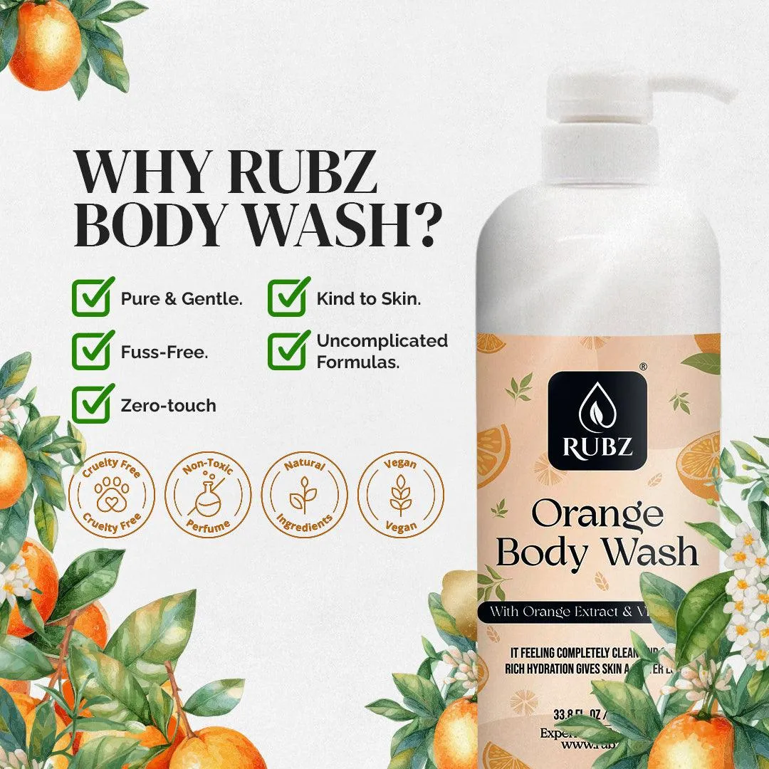 Rubz Orange Body Wash Refill Pack 5L | Liquid Soap | Shower Gel | with Refillable 500 ml Plastic Bottle | Best for Hotel, Spa, Salon, Joint Family | SLS Free | Paraben Free