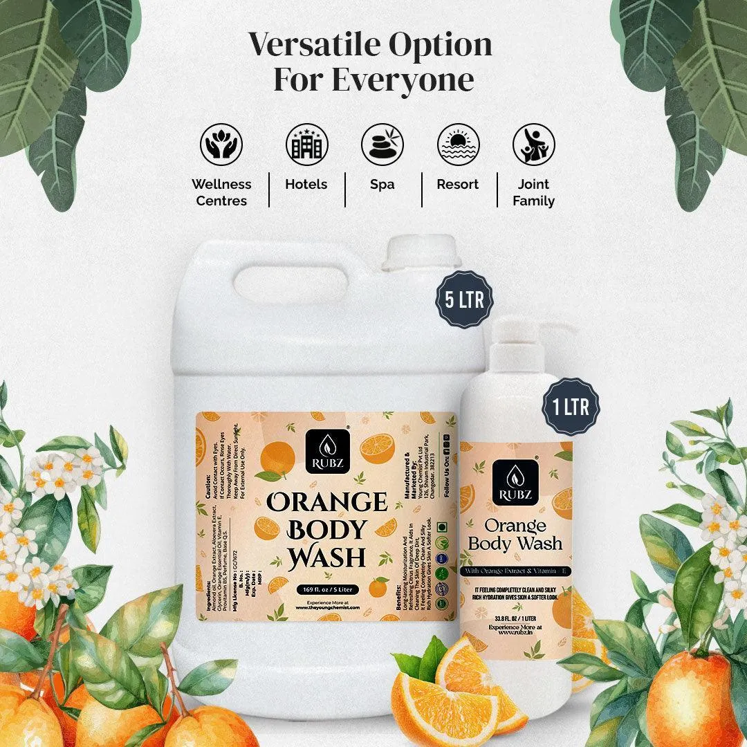 Rubz Orange Body Wash Refill Pack 5L | Liquid Soap | Shower Gel | with Refillable 500 ml Plastic Bottle | Best for Hotel, Spa, Salon, Joint Family | SLS Free | Paraben Free