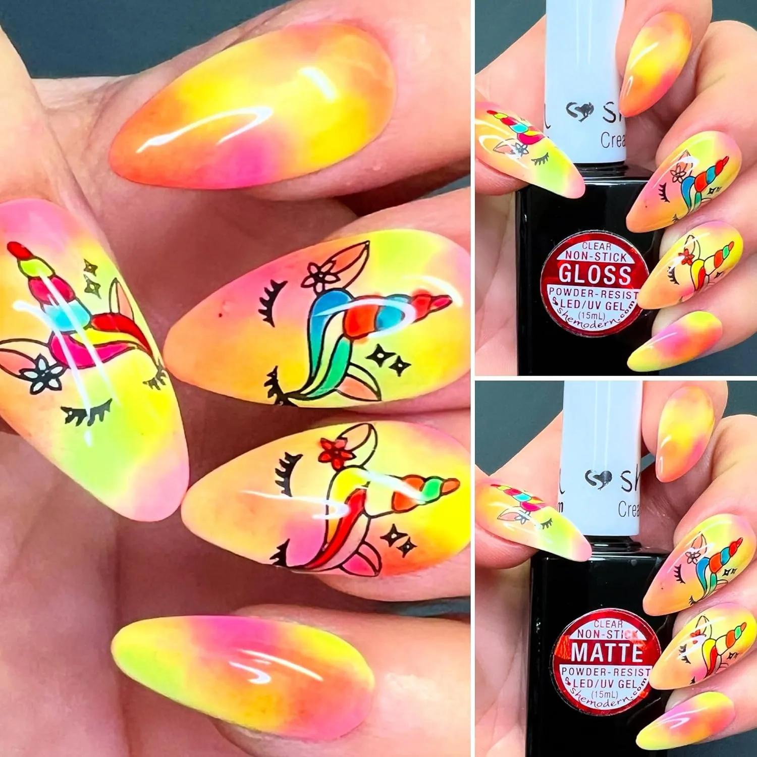 SheModern NON-STICK GLOSS 1   2 MATTE Chrome-Resist Clear Gel Polishes Nail Art Design Collection For Use as Protective Top Coat or as Non-Sticky Base when Dry Coloring with Loose Pigment Powder