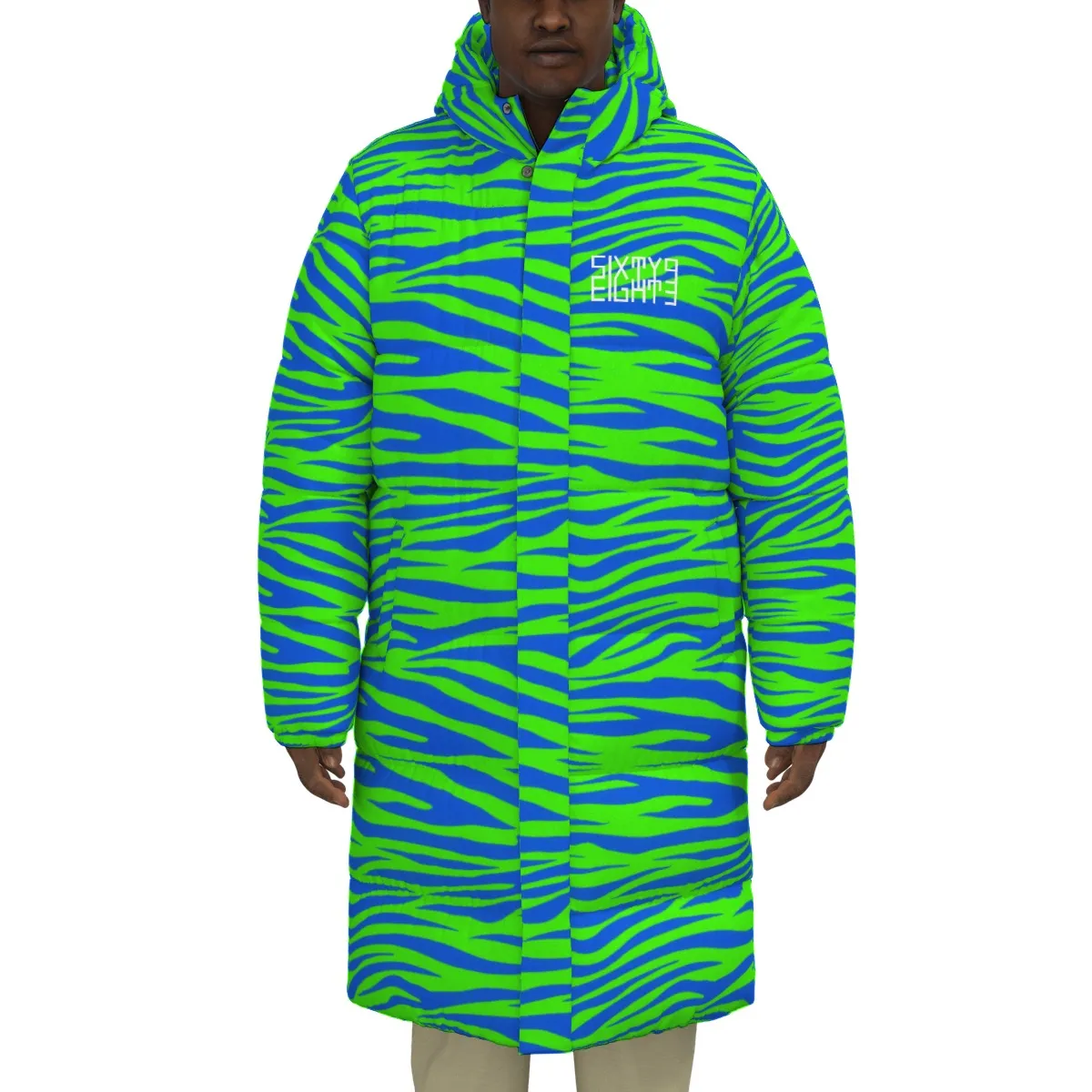 Sixty Eight 93 Logo White Zebra Blueberry Lime Unisex Puff Long Down Jacket