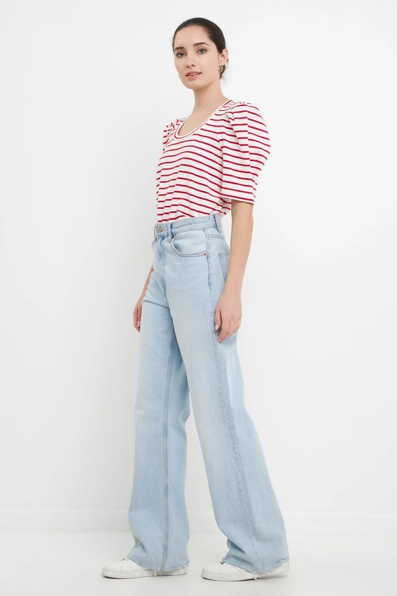 Stripe Pleated Puff Sleeve Top