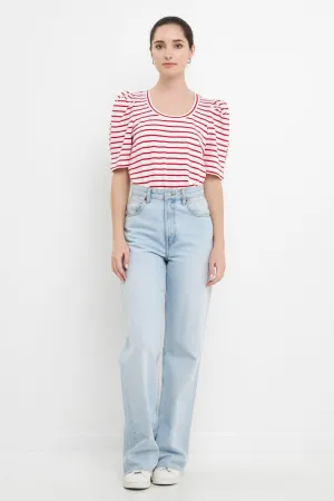 Stripe Pleated Puff Sleeve Top