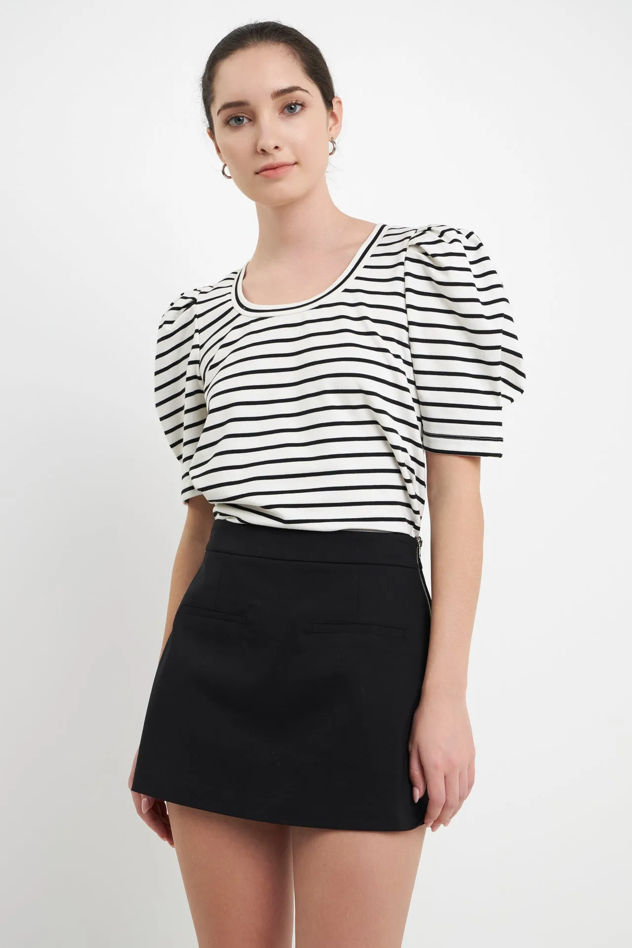 Stripe Pleated Puff Sleeve Top
