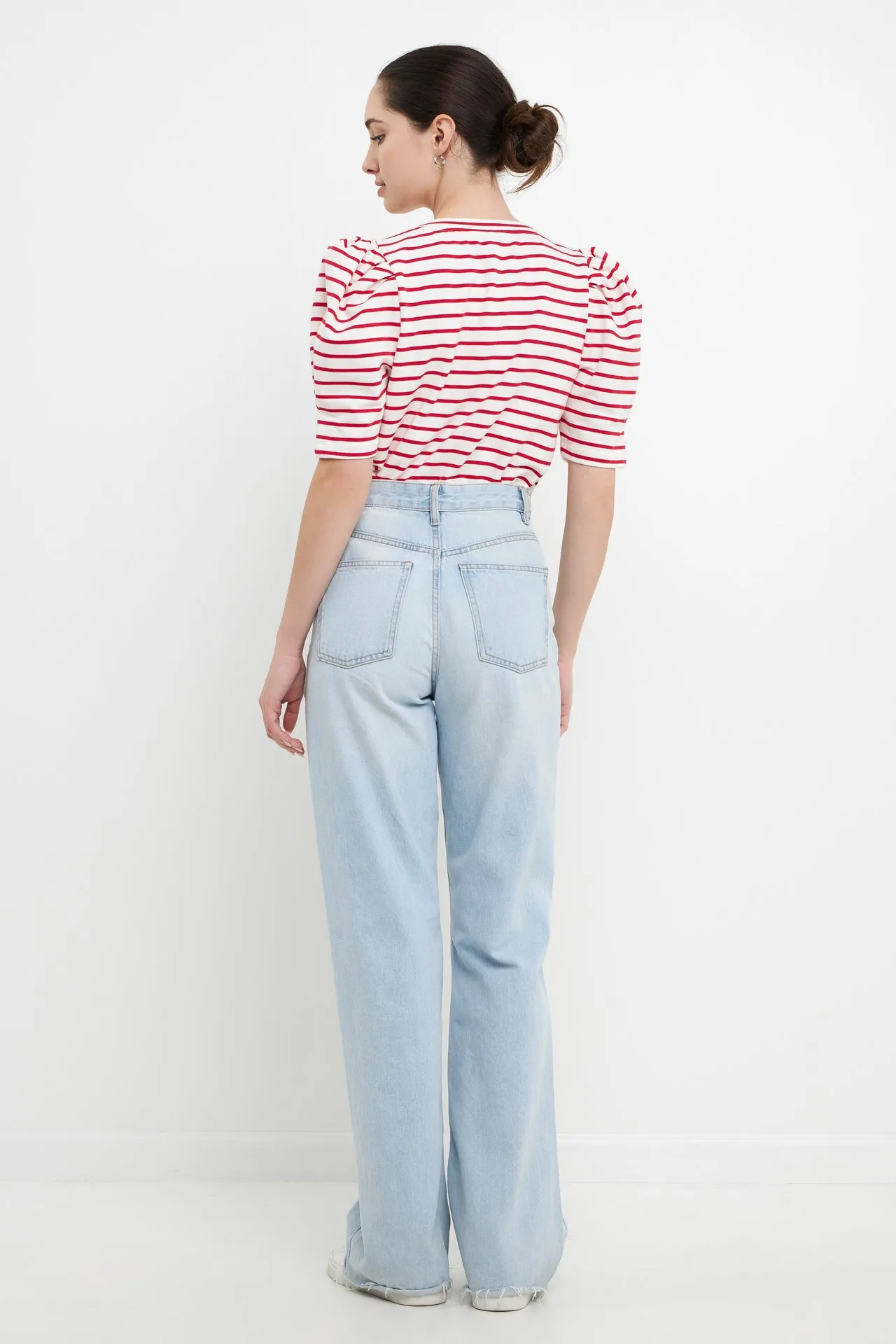 Stripe Pleated Puff Sleeve Top