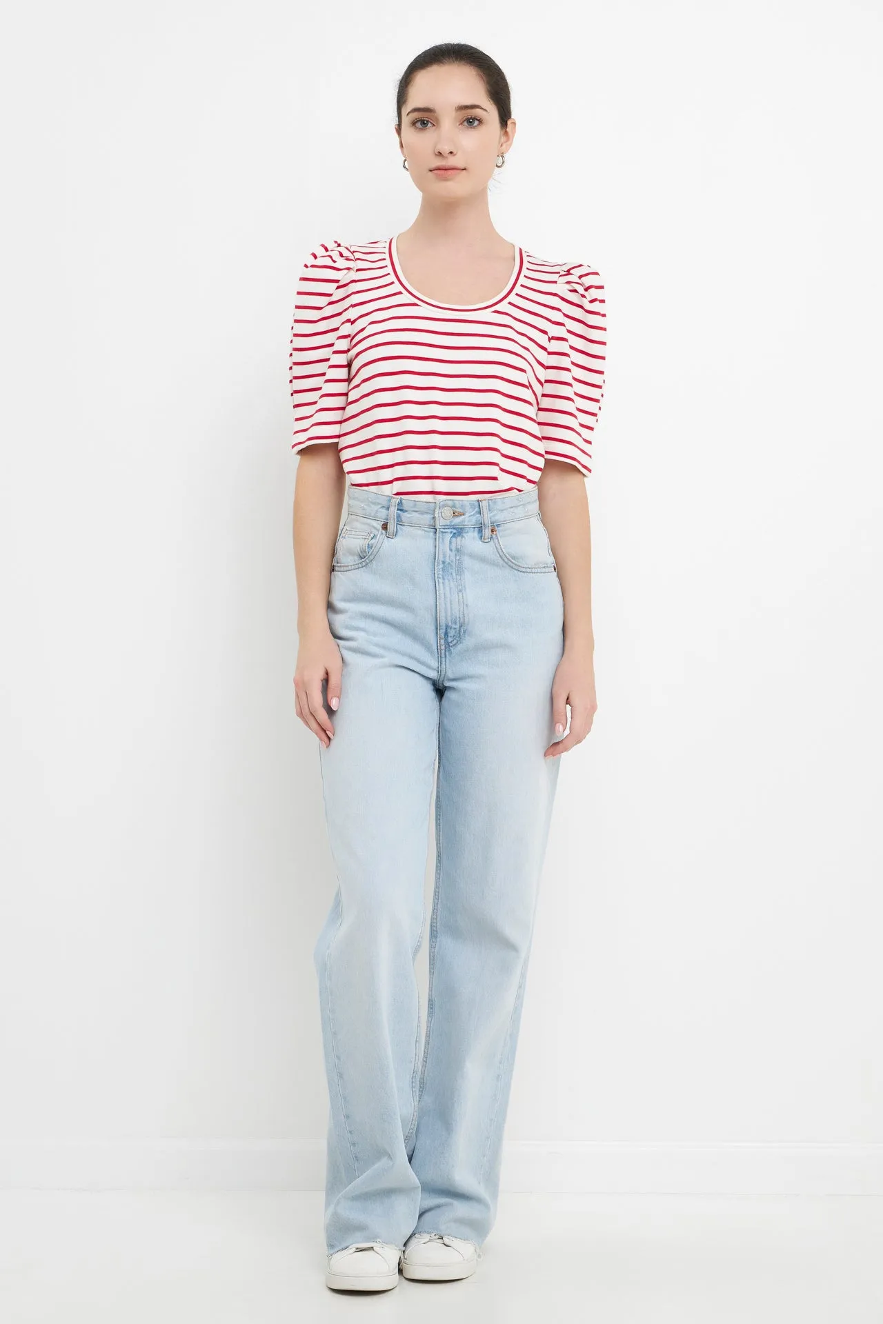 Stripe Pleated Puff Sleeve Top