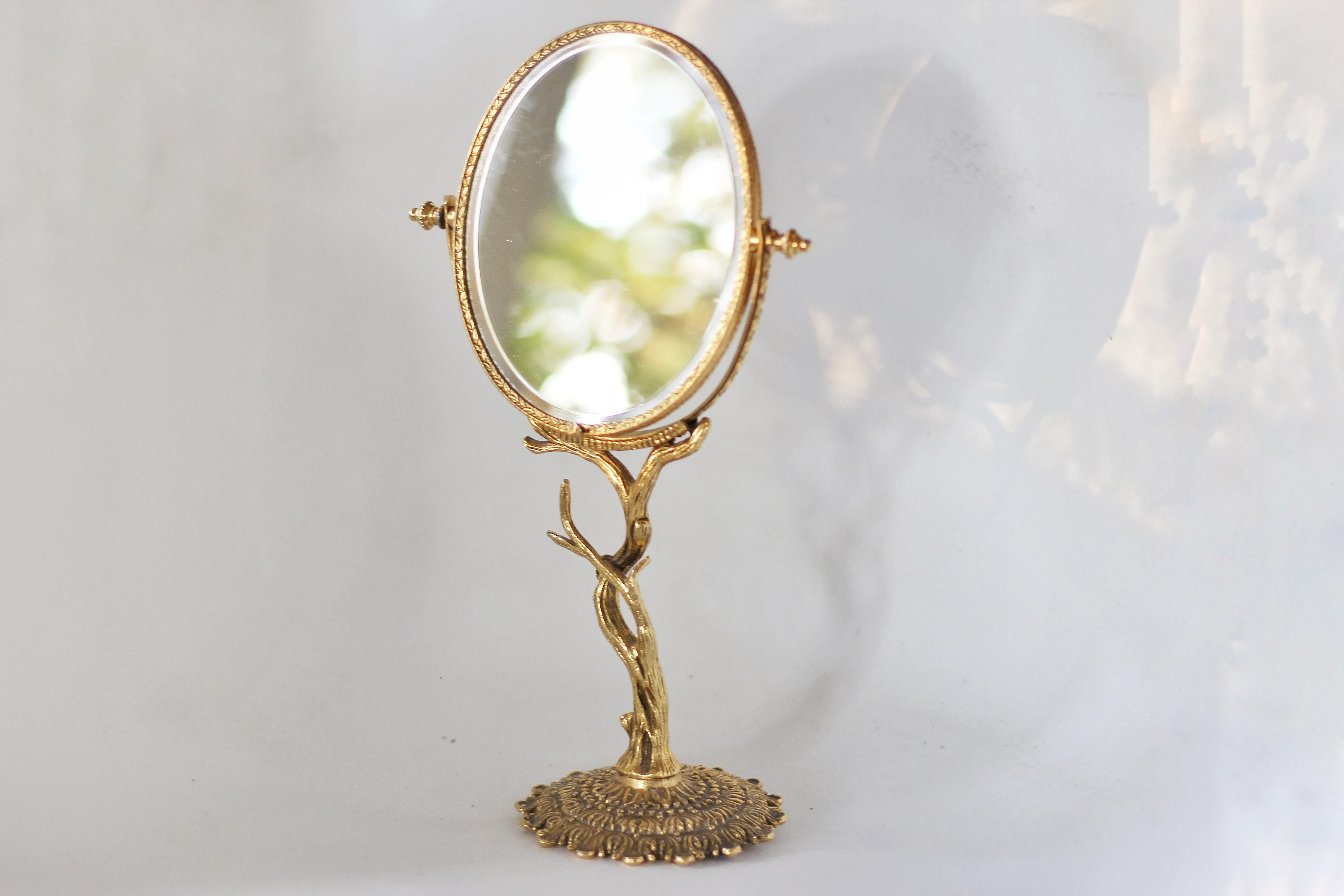Vintage Stylebuilt Branch Vanity Pedestal Mirror Double Sided Magnifier