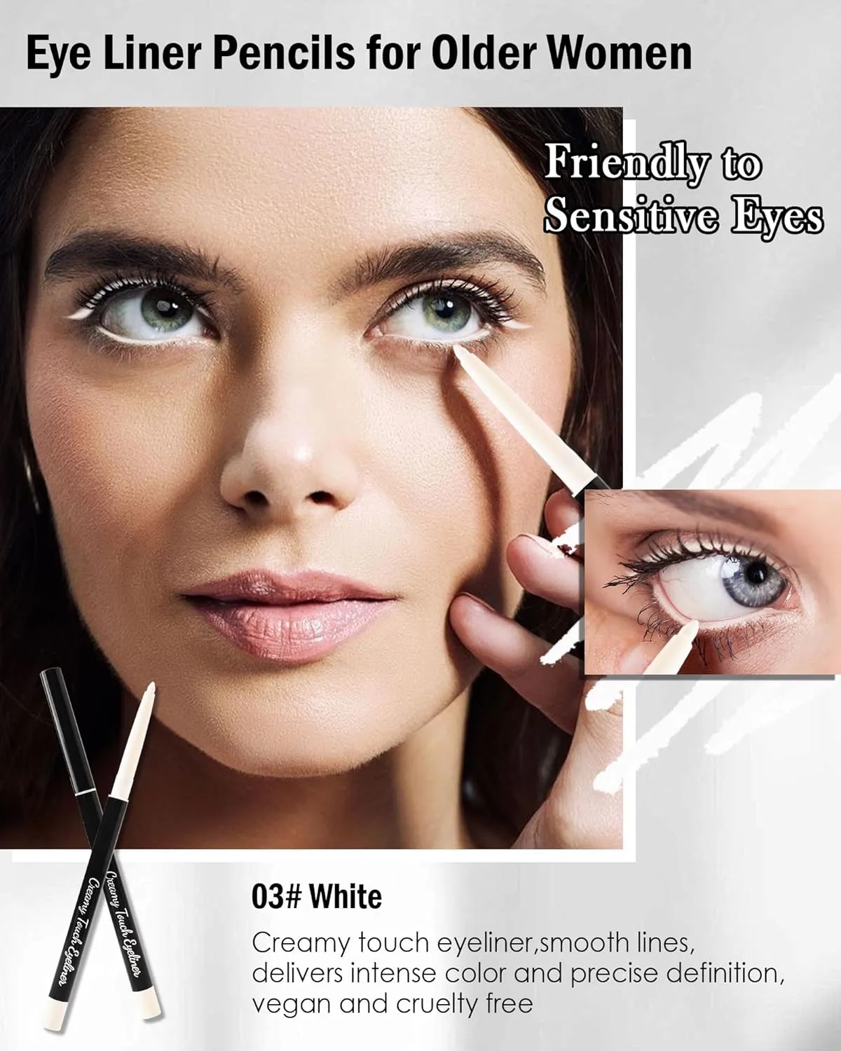 White Eyeliner for Waterline, Cream Gel Eyeliner Water Line, Long Lasting Waterproof Smudge-Proof, Highly Pigmented Retractable Eye Liner Brightener Pen,Built in Sharpener, Smooth Eye Makeup for Women