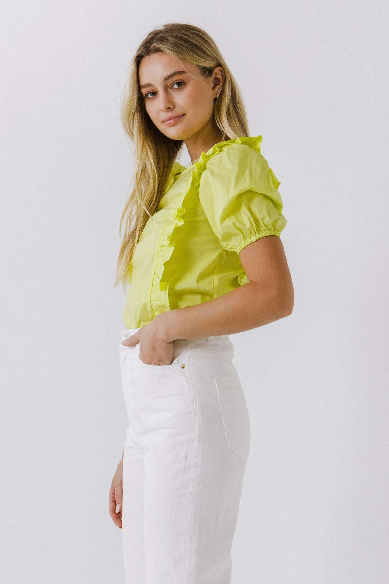 Women Woven Ruffled Bodice Blouse