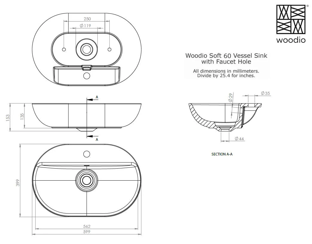Woodio Soft60 Above-Mount Sink with Tap Hole - 10 Colors